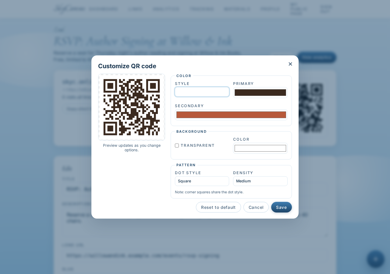 Customizing the QR code with brand colors applied to the modules and a live preview updating alongside