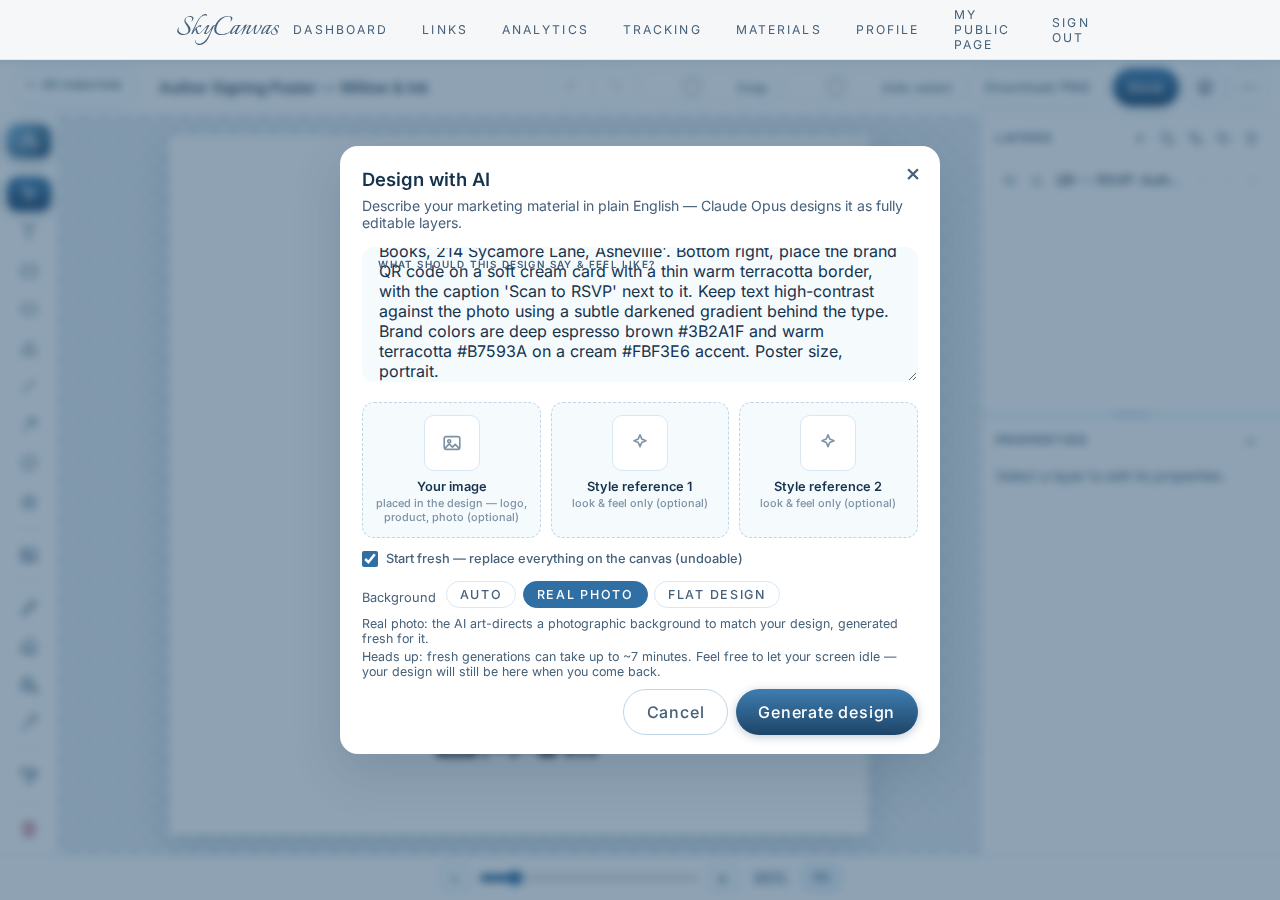 The Design with AI modal with a plain-English brief and the Real photo background mode selected