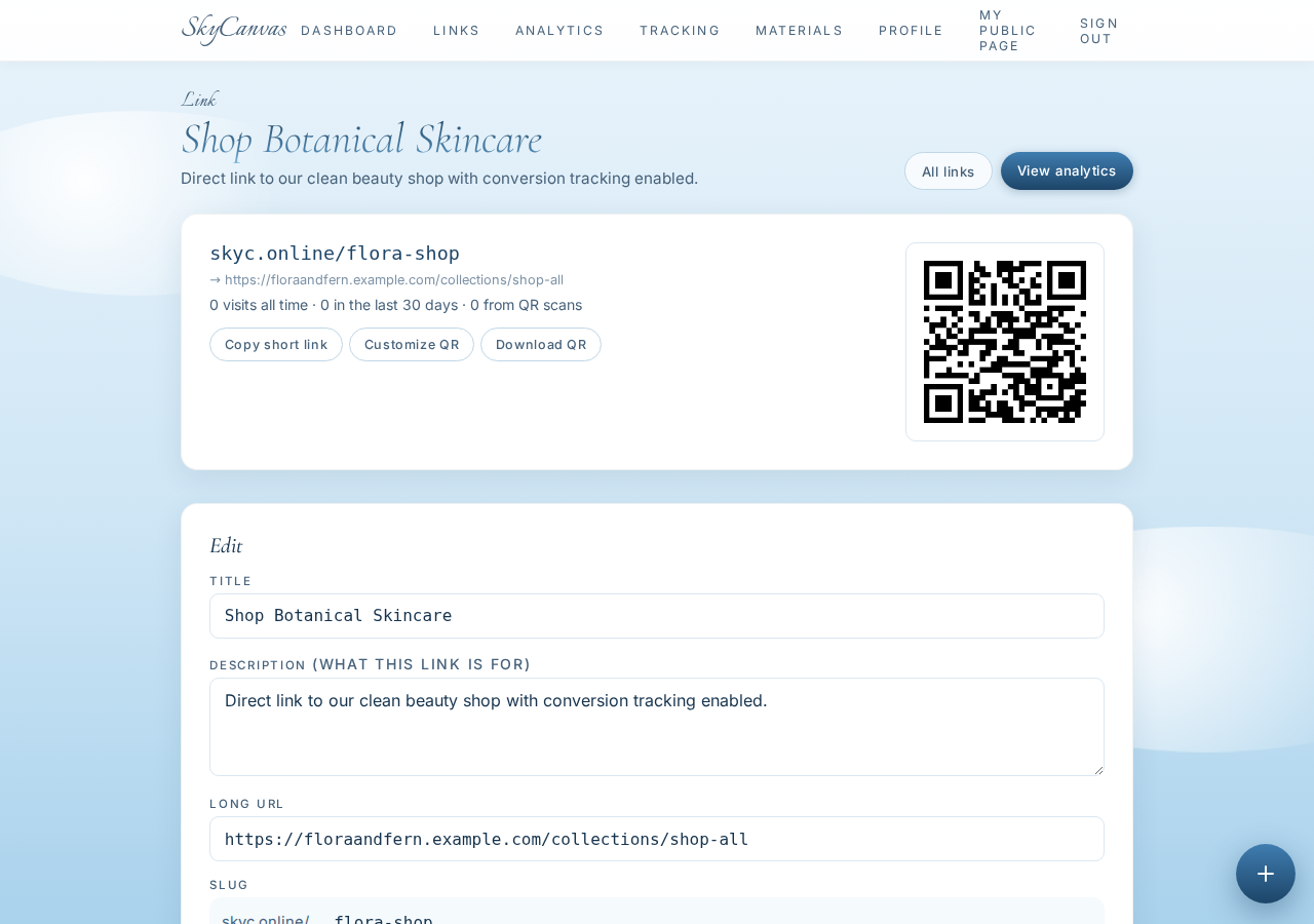 The link detail page right after creating the short link: the sky.canvas short URL, the destination, and the generated QR code ready to download.