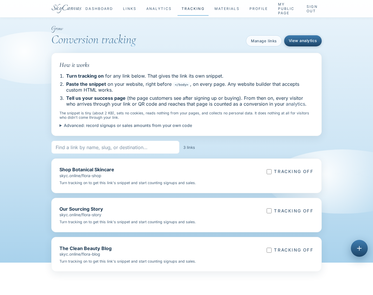 The conversion tracking page: the one-line snippet you paste on your site so SkyCanvas can attribute signups and sales to each link.