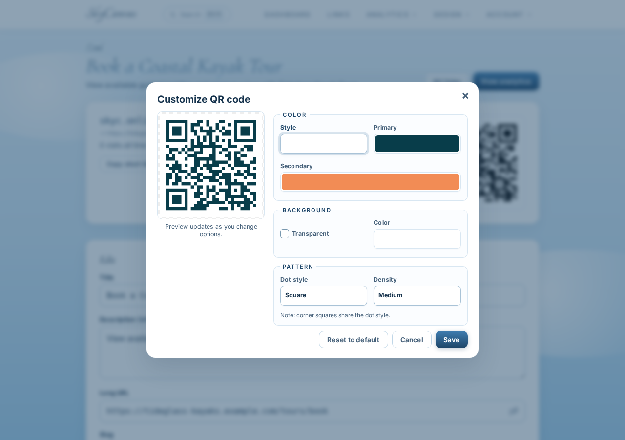 QR customization controls with Tideglass brand colors applied to the modules and a live preview