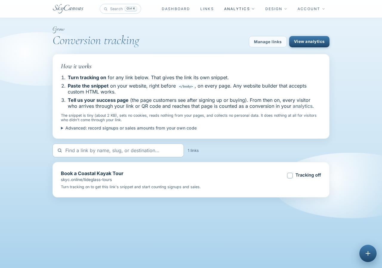 SkyCanvas conversion tracking page showing the one-line snippet used to attribute signups and sales