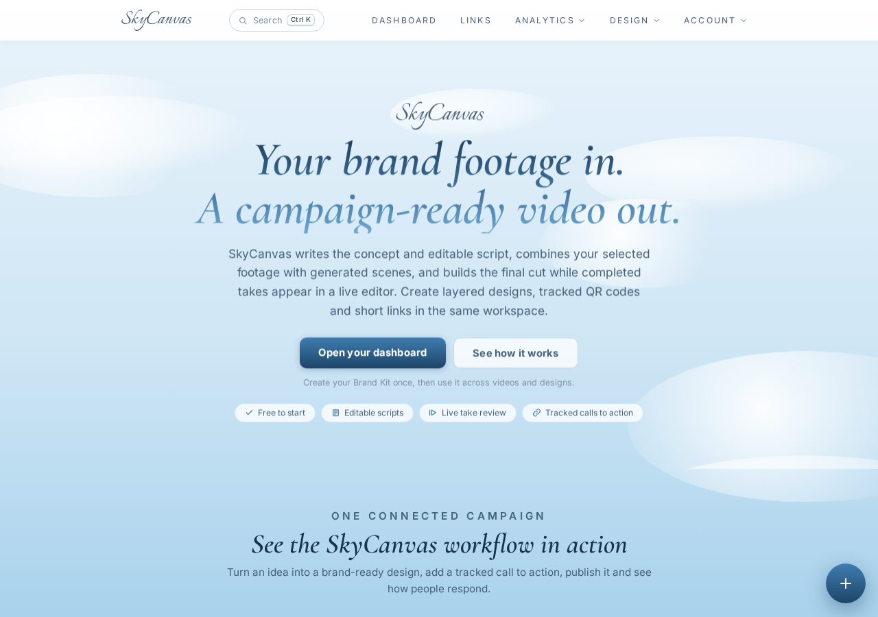 The SkyCanvas homepage with navigation for the dashboard, links, analytics, design tools, and account