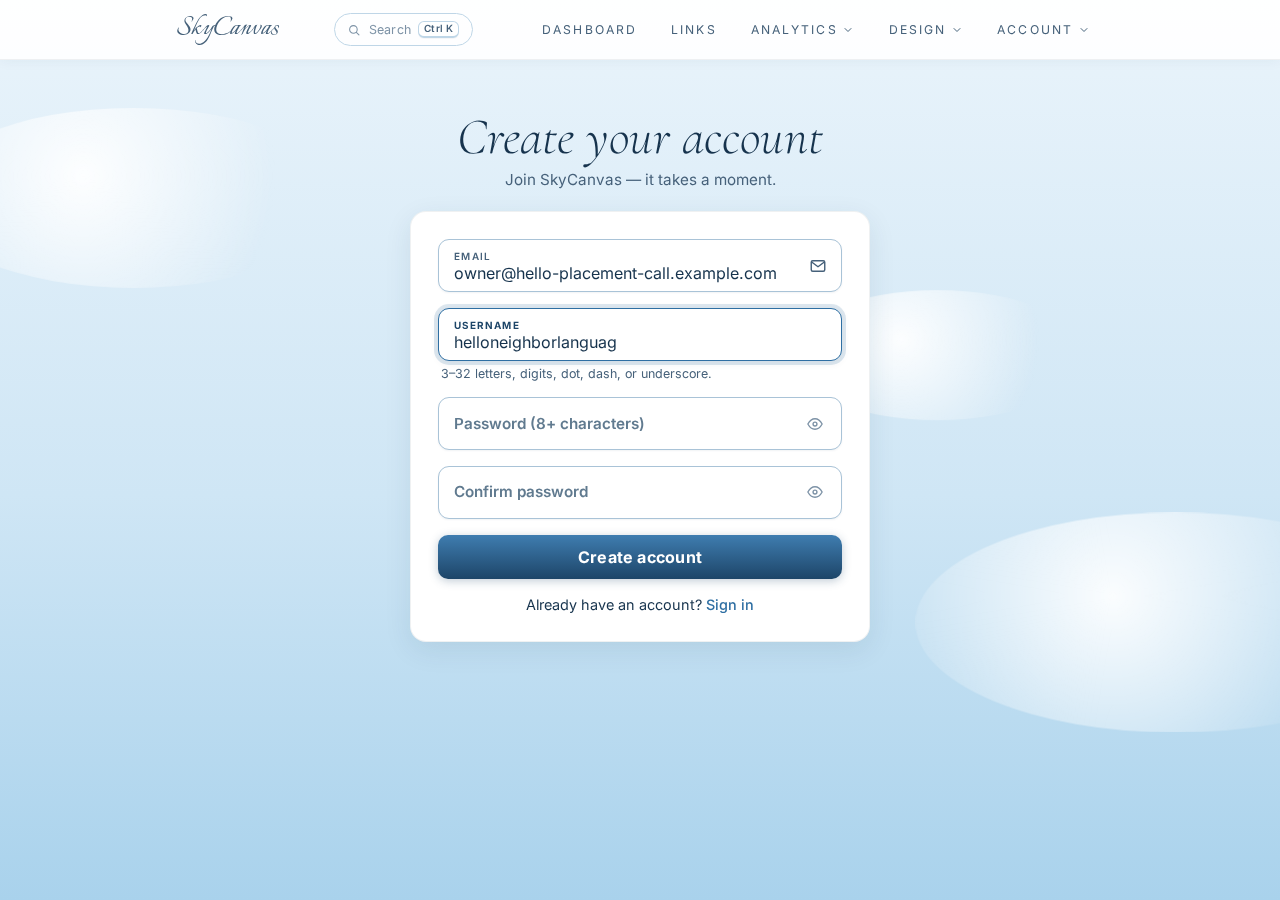 The SkyCanvas signup page with the email and username fields filled in for the new account