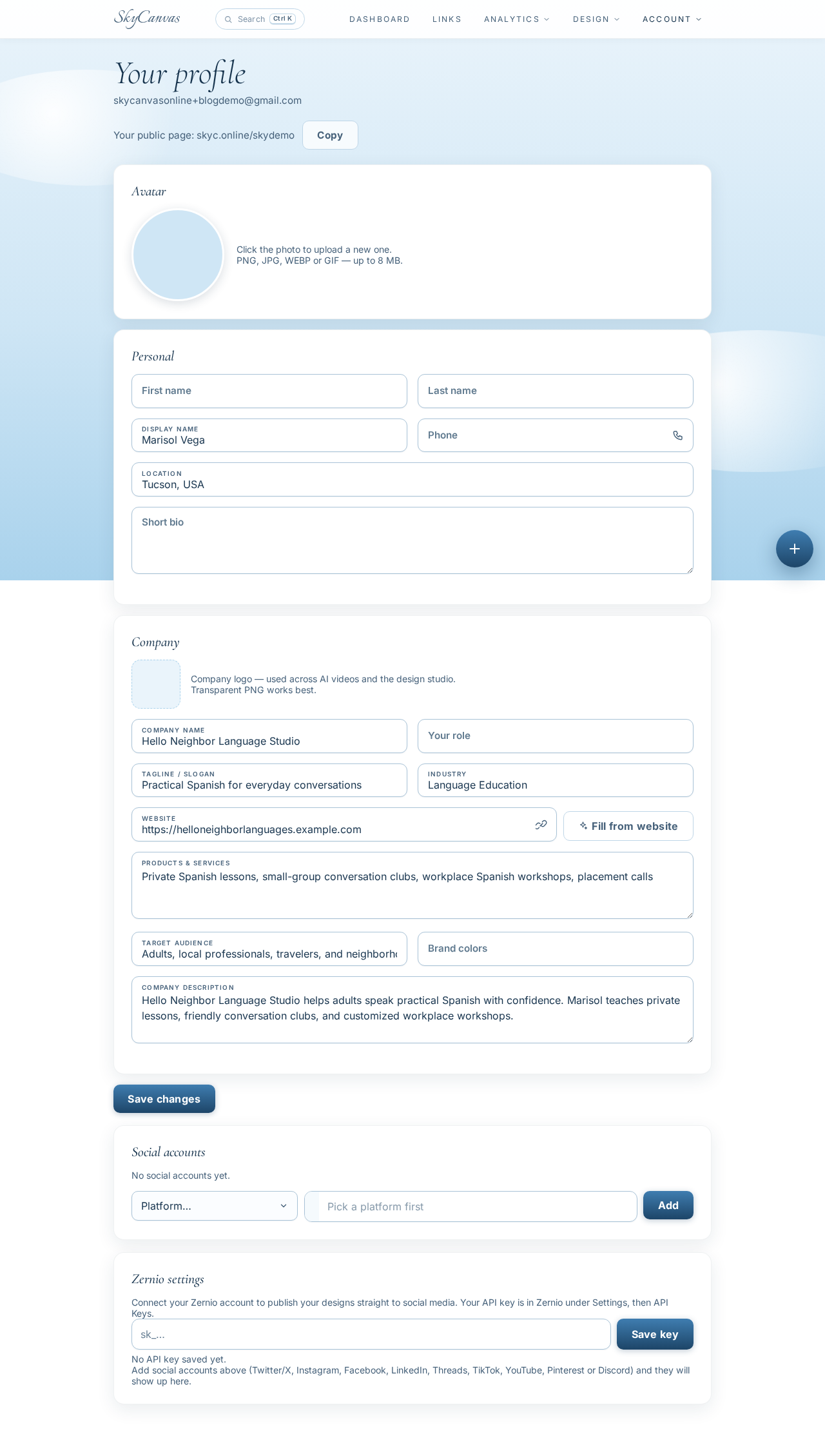 The SkyCanvas profile form filled with Hello Neighbor Language Studio’s name, tagline, industry, services, and audience