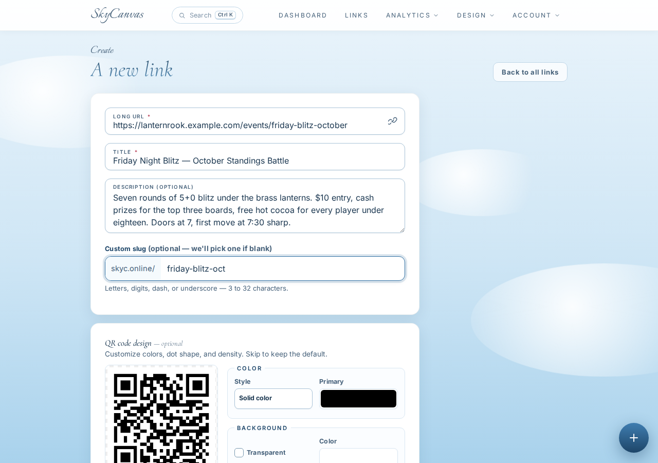 The "new short link" form filled in: destination URL, title, description and custom slug, with the live QR preview on the right.