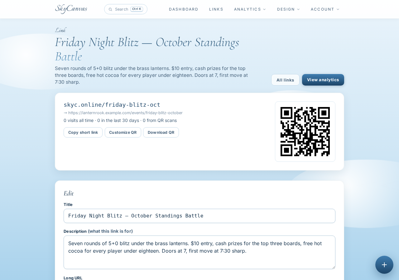 The link detail page right after creating the short link: the sky.canvas short URL, the destination, and the generated QR code ready to download.