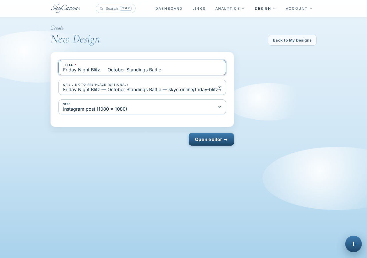 Starting a new marketing material: title, size preset, and the short link selected so its QR gets placed in the design.