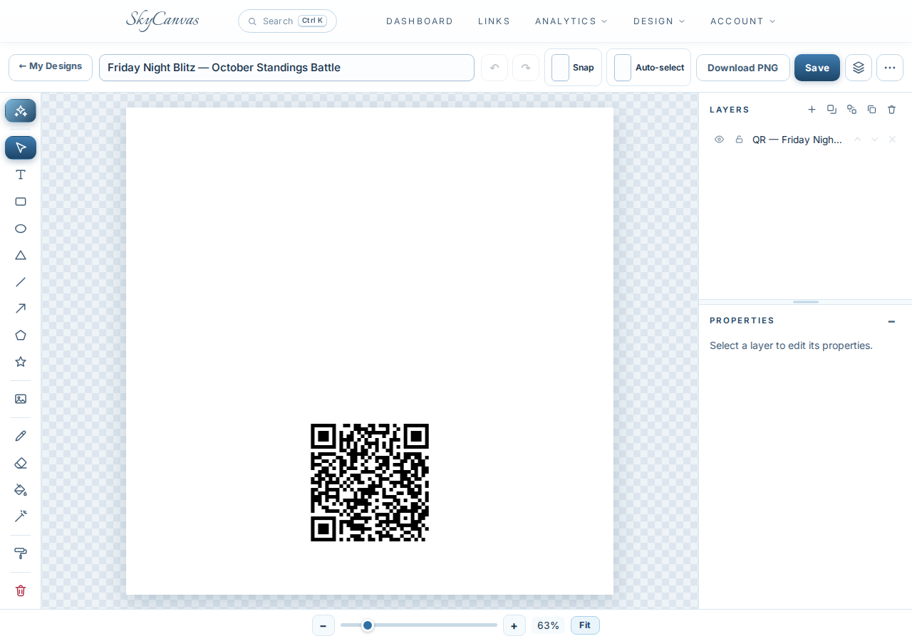 The SkyCanvas design editor: canvas, drawing tools, layers panel and the "Design with AI" button in the toolbar.
