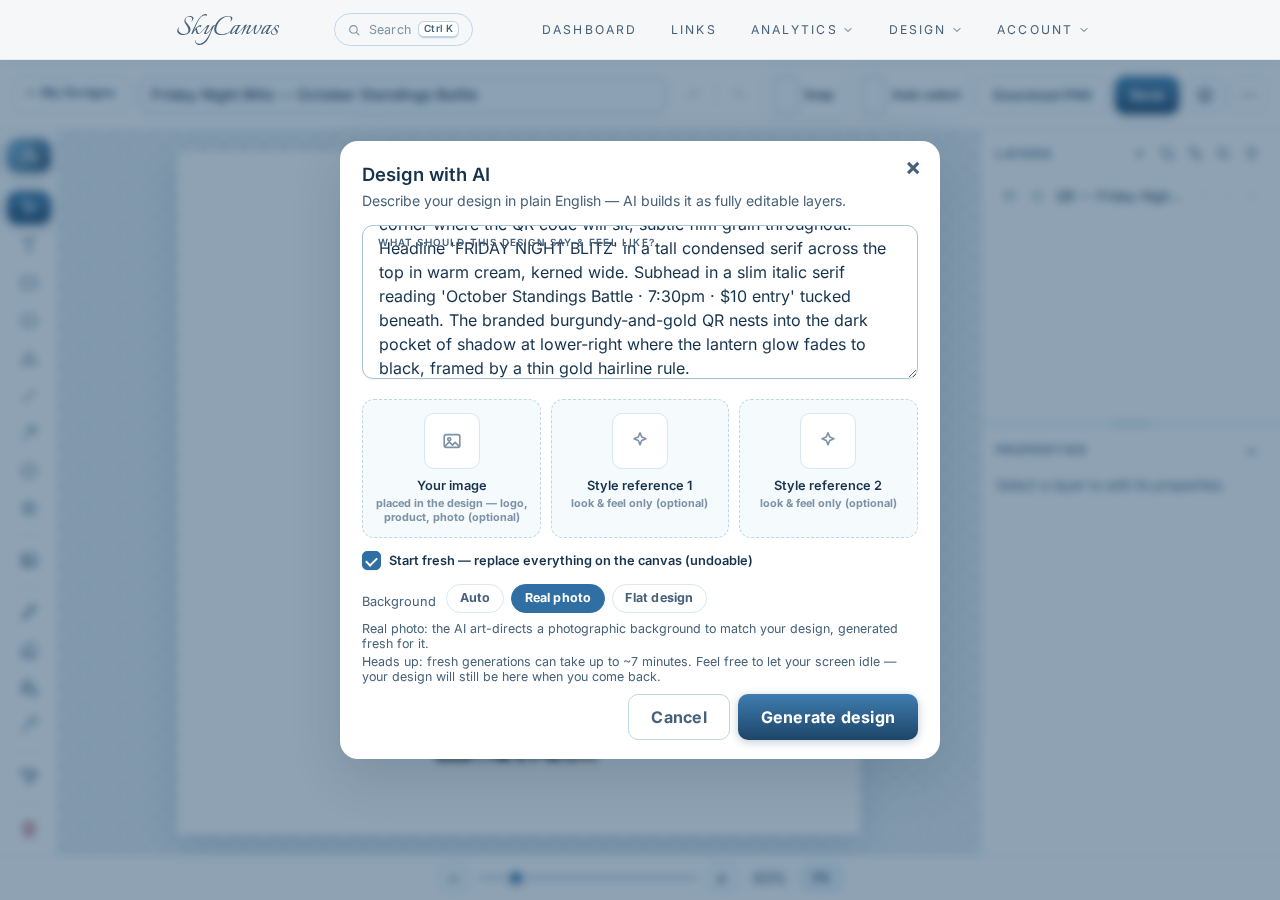 The "Design with AI" modal with a plain-English brief and the "Real photo" background mode selected so Claude art-directs a photographic design.