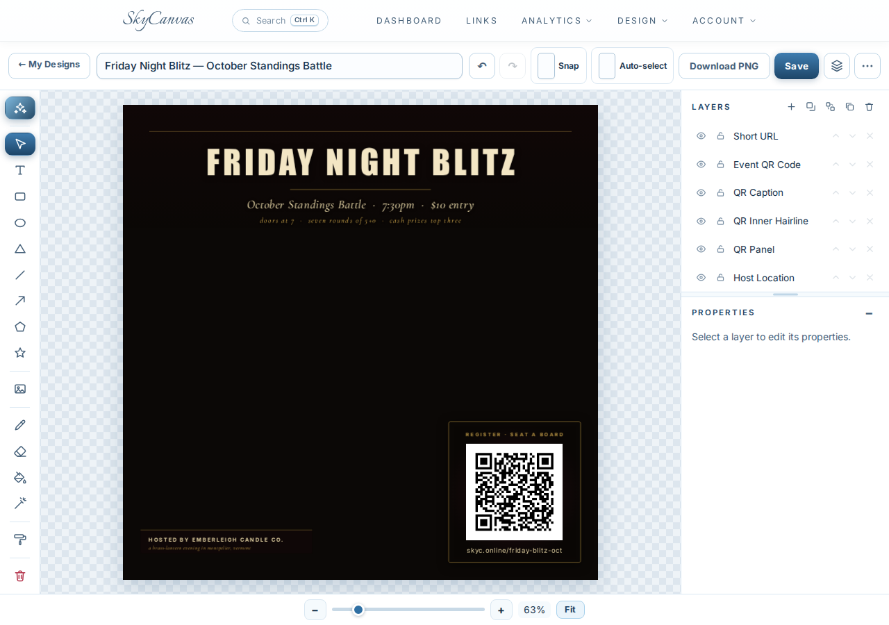 The finished AI-designed flier sitting on the canvas as ordinary editable layers: headline, colors, QR code and layout all generated from the brief.
