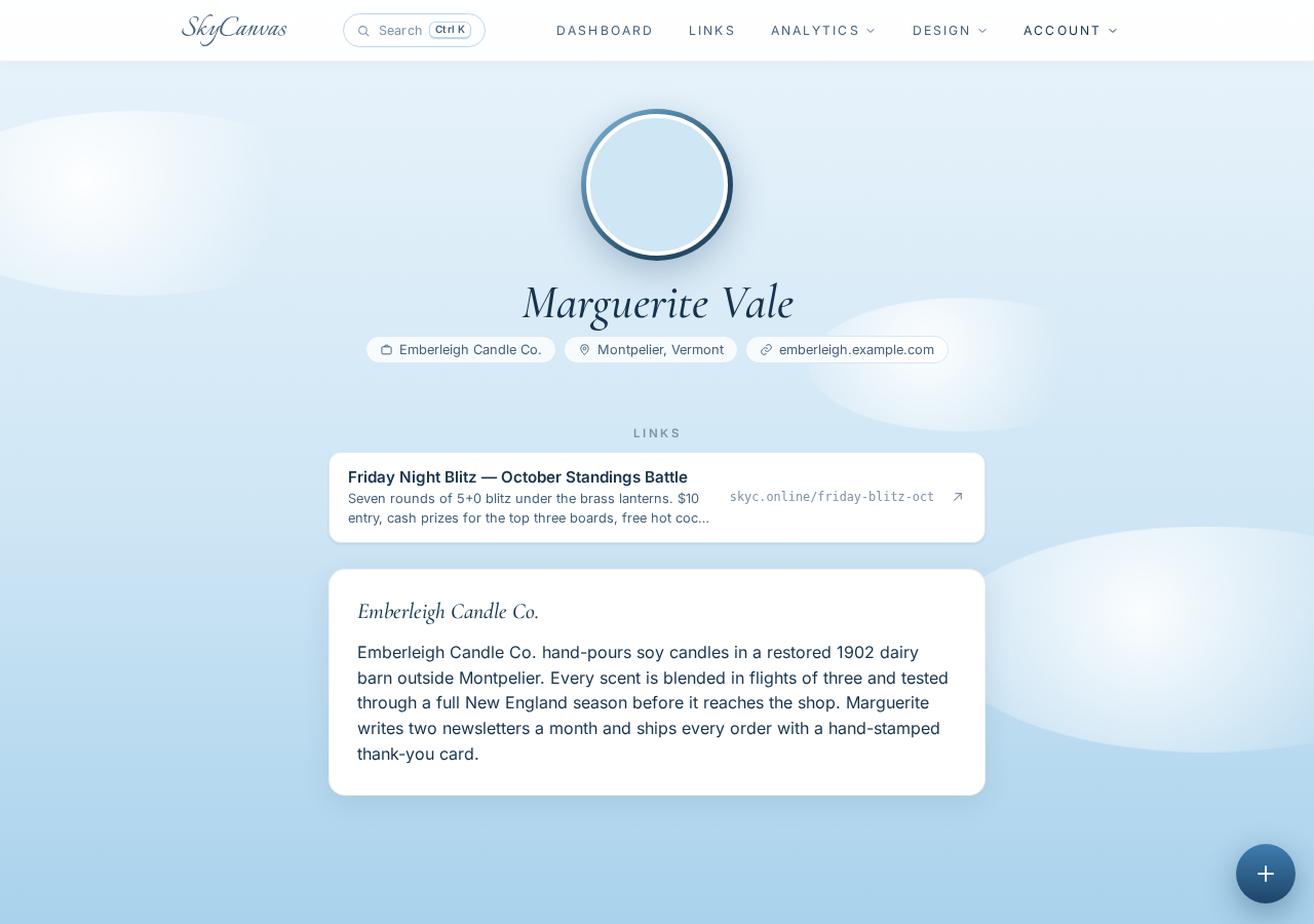 The public SkyCanvas business profile page that customers see, with the business details and public links.