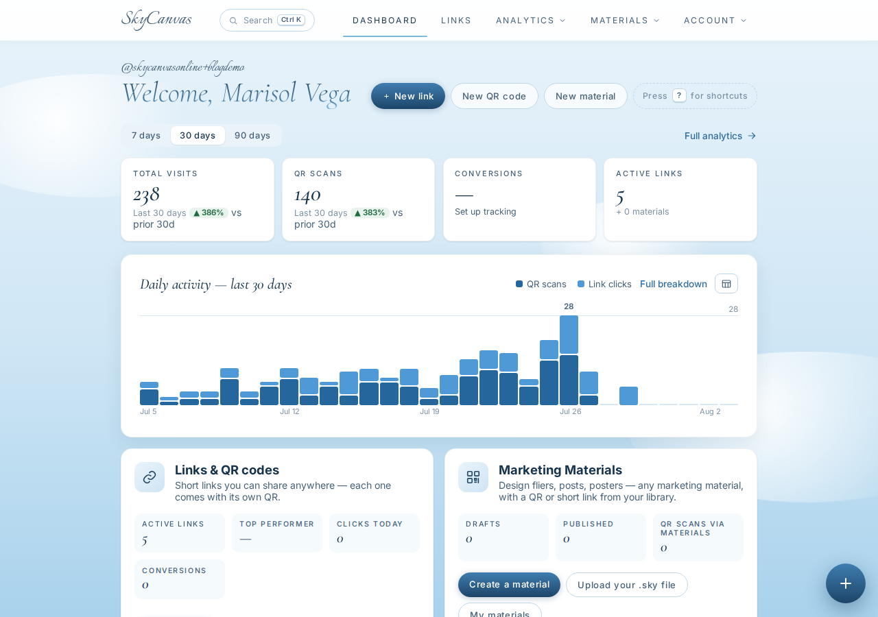 The SkyCanvas dashboard with KPI tiles for clicks, QR scans, conversions and links, plus a daily activity chart.