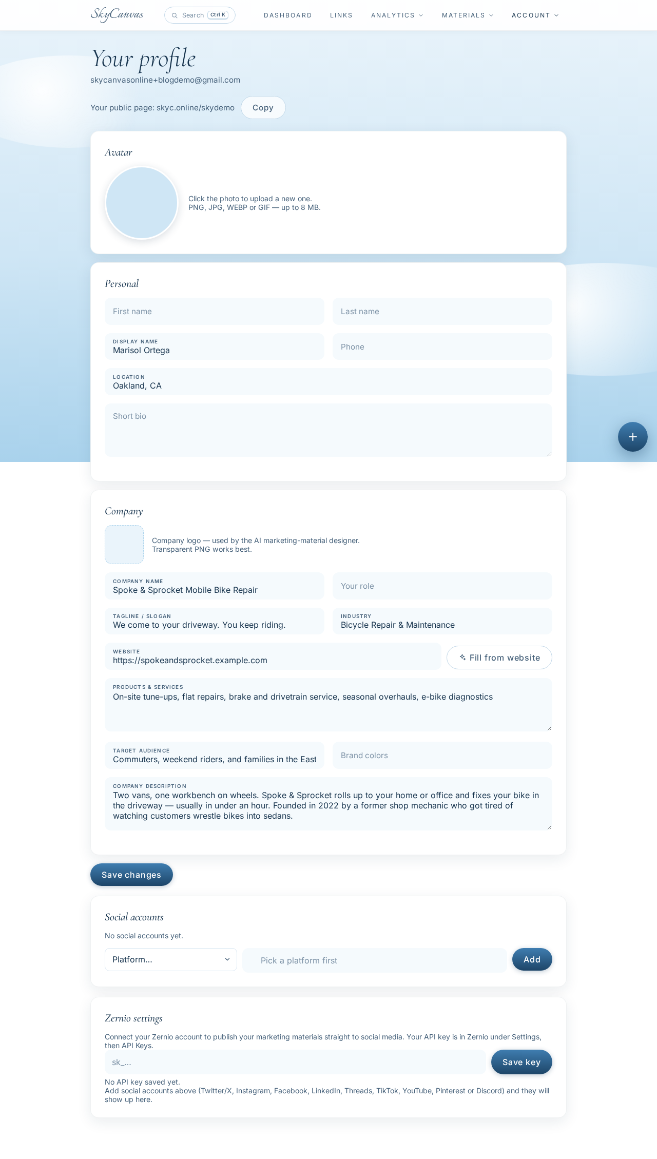 The SkyCanvas profile page filled in with Spoke & Sprocket business details including name, tagline, industry, services, and audience.