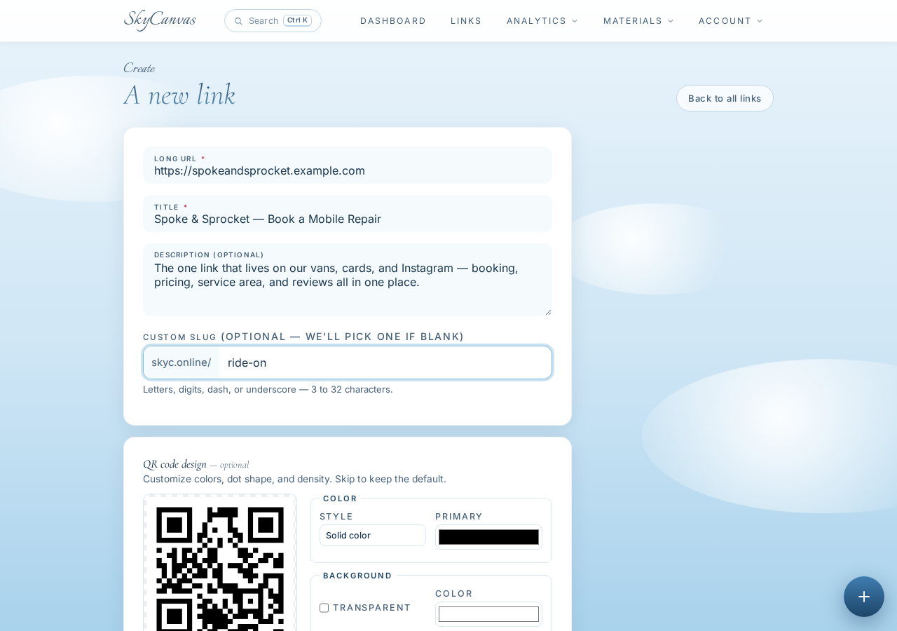The new short link form filled in with destination URL, title, description, and custom slug, with a live QR preview on the right.