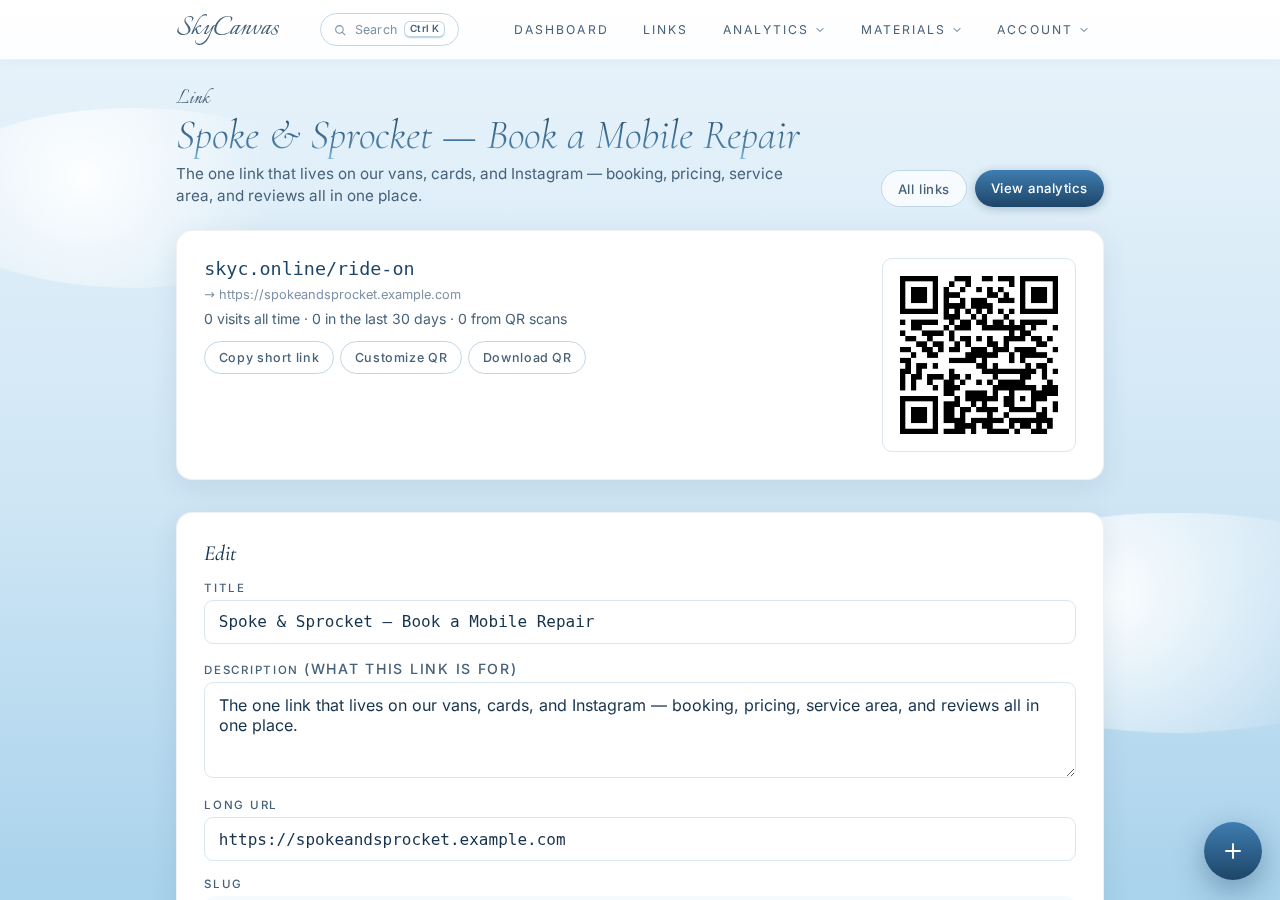 The SkyCanvas link detail page showing the short URL, the destination, and the generated QR code ready to download.