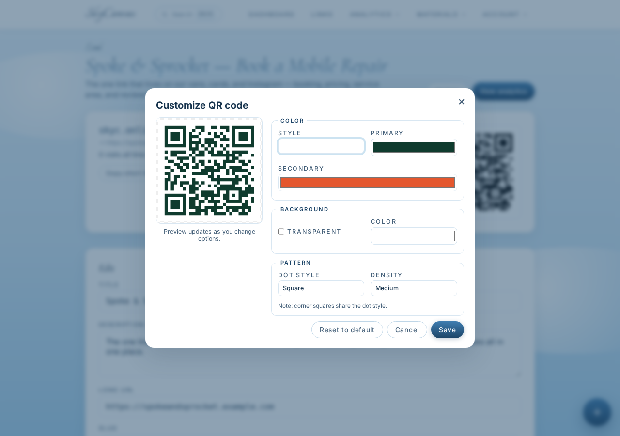 The SkyCanvas QR customization panel with brand colors applied to the QR modules and a live preview.
