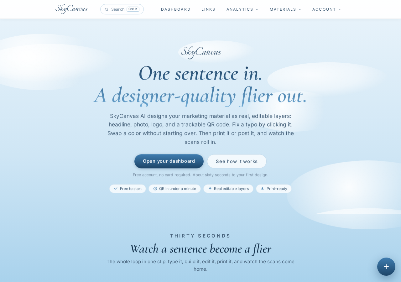 The SkyCanvas homepage at skycanvas.online.