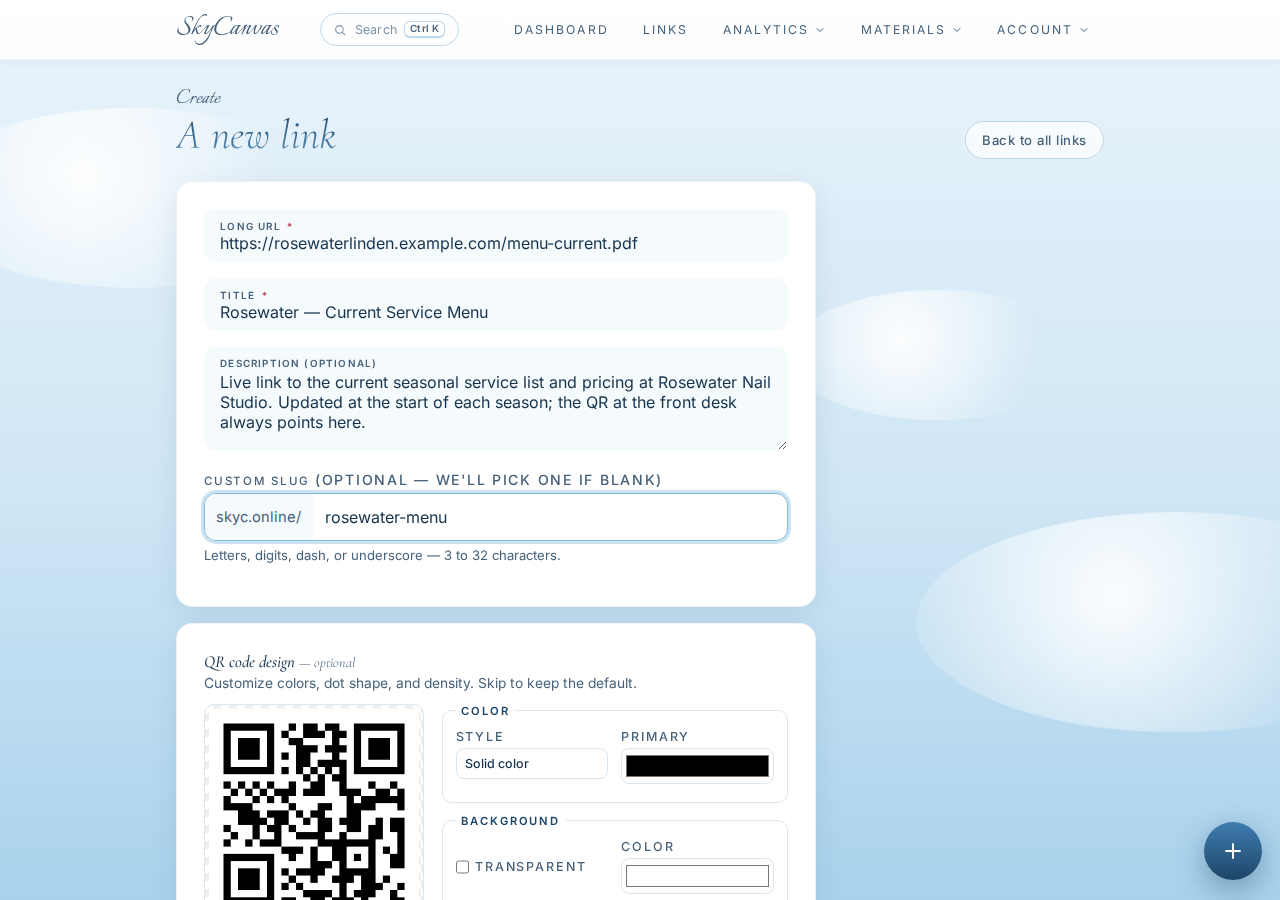 The new short link form filled in with destination URL, title, description and custom slug, with the live QR preview on the right.