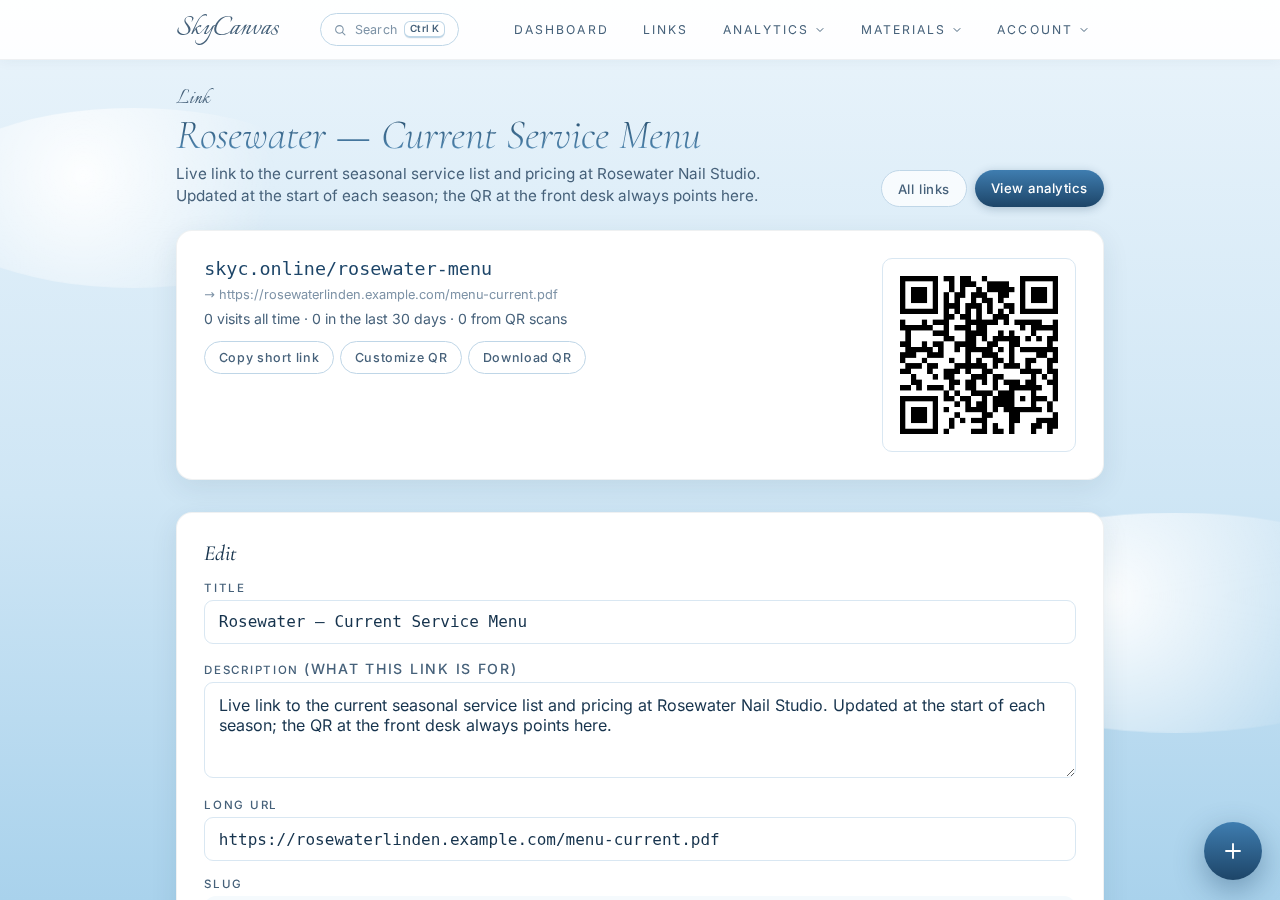 The link detail page right after creating the short link: the sky.canvas short URL, the destination, and the generated QR code ready to download.