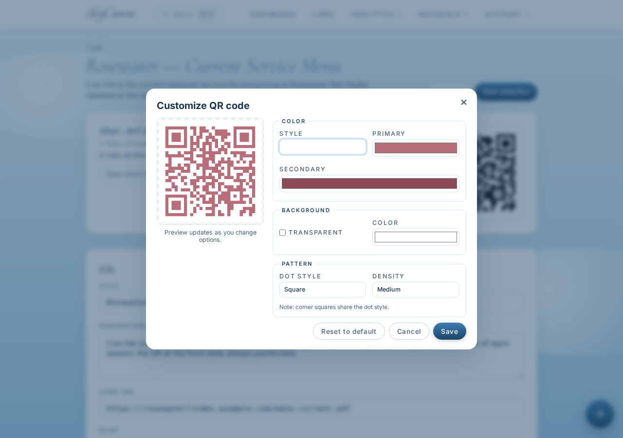 Customizing the QR code style on the link page with brand colors applied to the QR modules and a live preview.