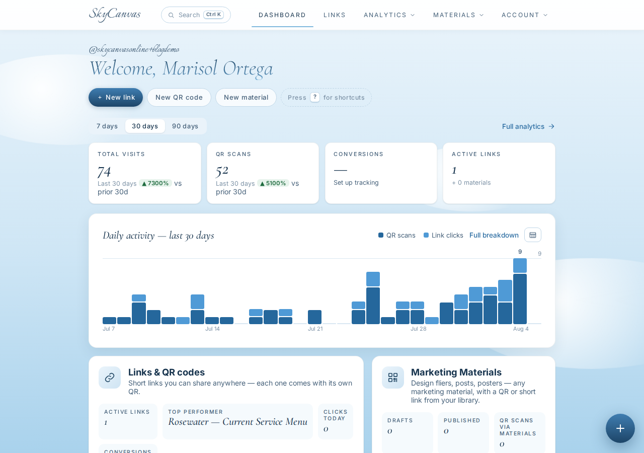 The SkyCanvas dashboard with KPI tiles for clicks, QR scans, conversions and links, plus the daily activity chart.