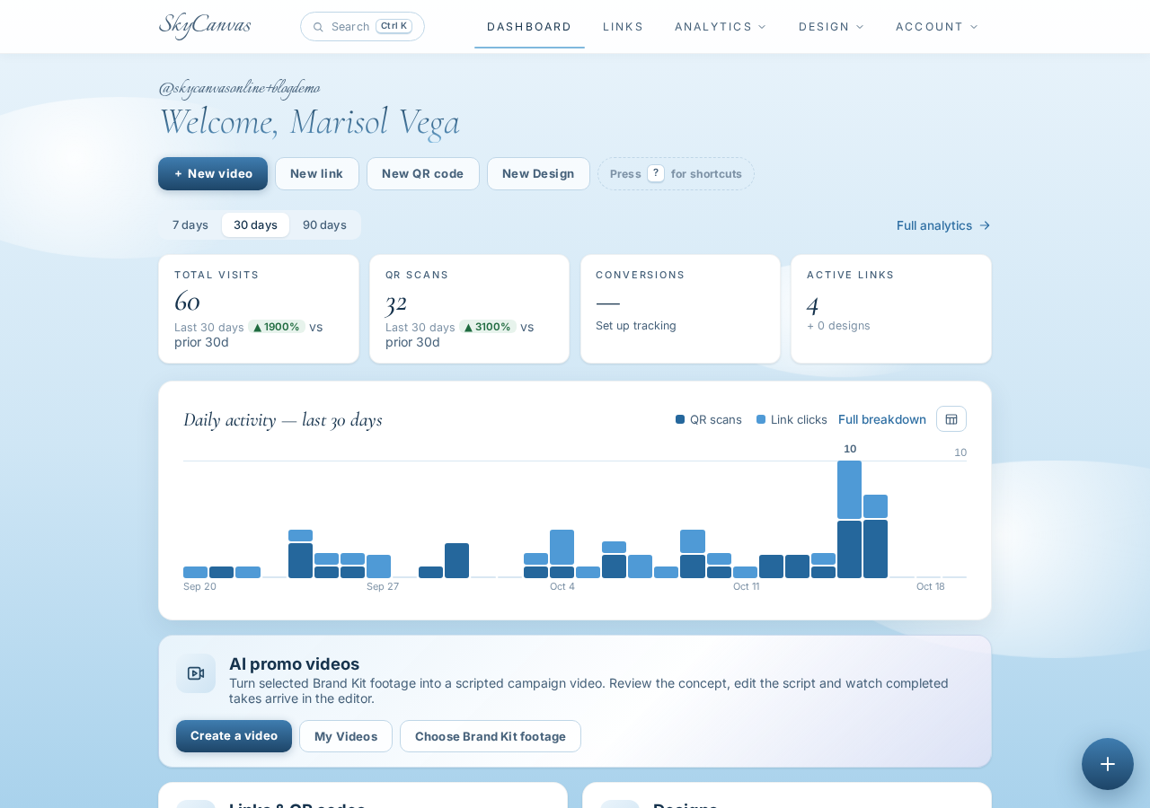 The SkyCanvas dashboard showing KPI tiles for clicks, QR scans, conversions and links, plus the daily activity chart.