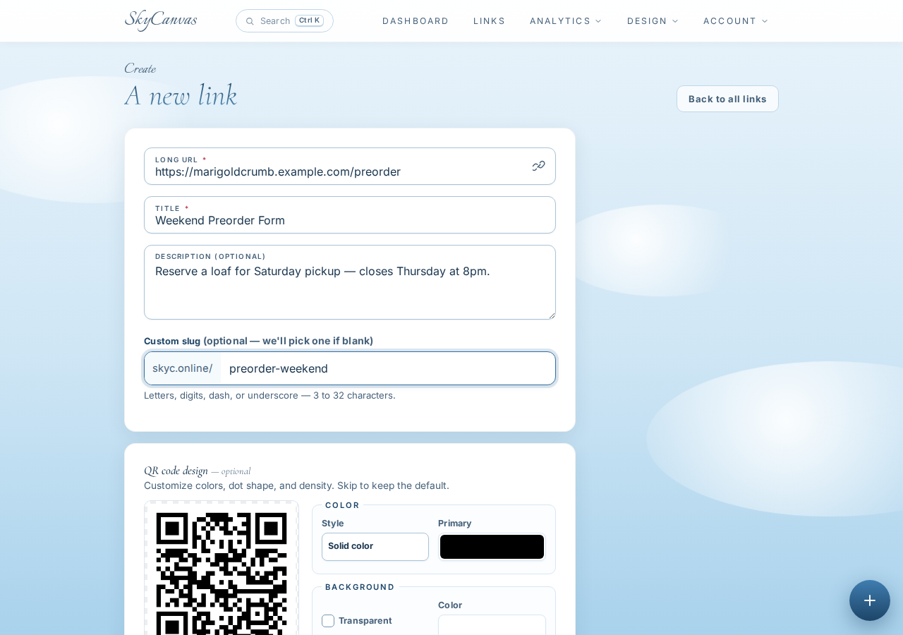 The new short link form filled in with destination URL, title, description and custom slug, with the live QR preview on the right.