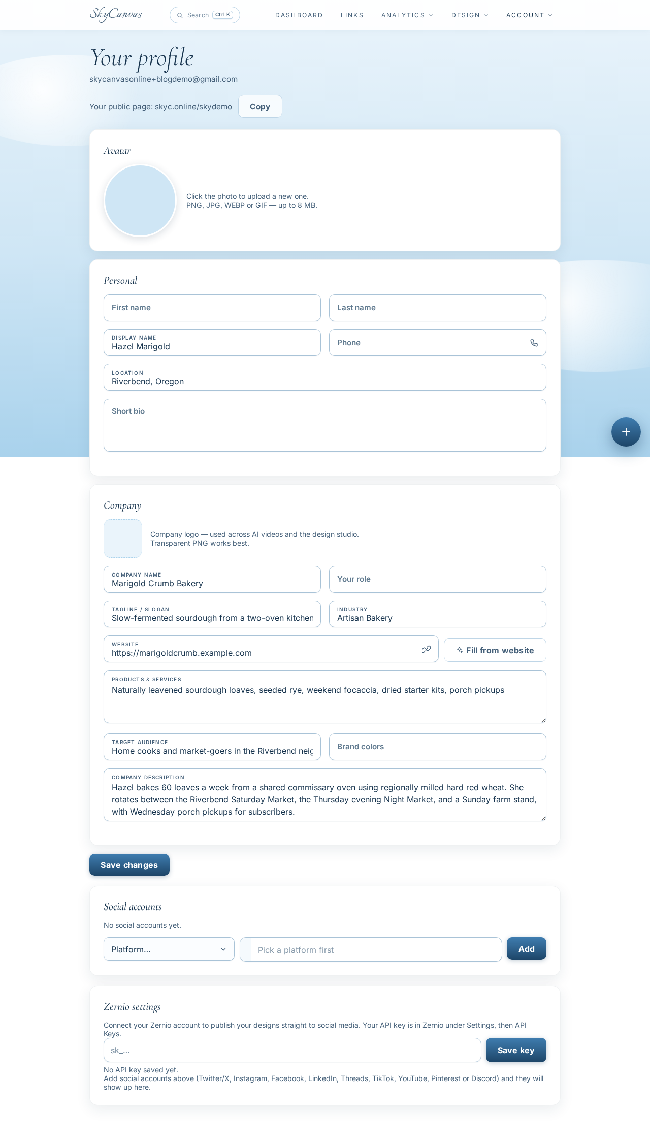 The profile page filled in with the business details for Marigold Crumb Bakery, including name, tagline, industry, services, and audience.