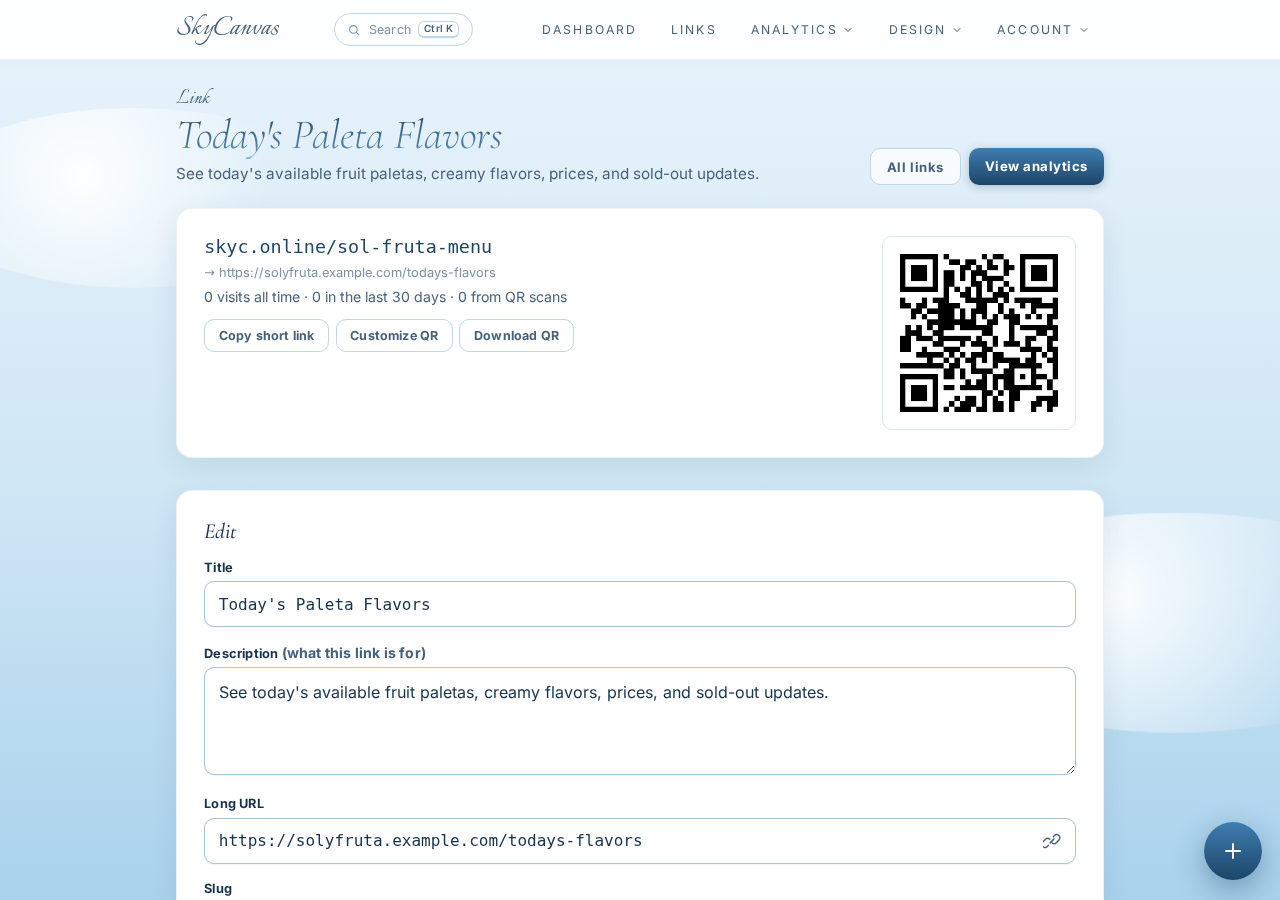 Link detail page showing the skyc.online short URL, destination menu page, and generated QR code ready to download