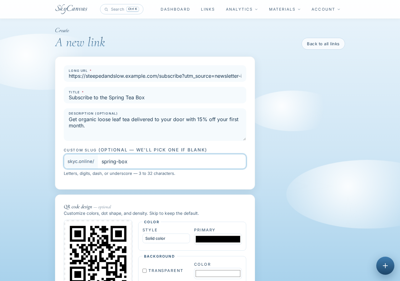 The "new short link" form filled in: destination URL, title, description and custom slug, with the live QR preview on the right.