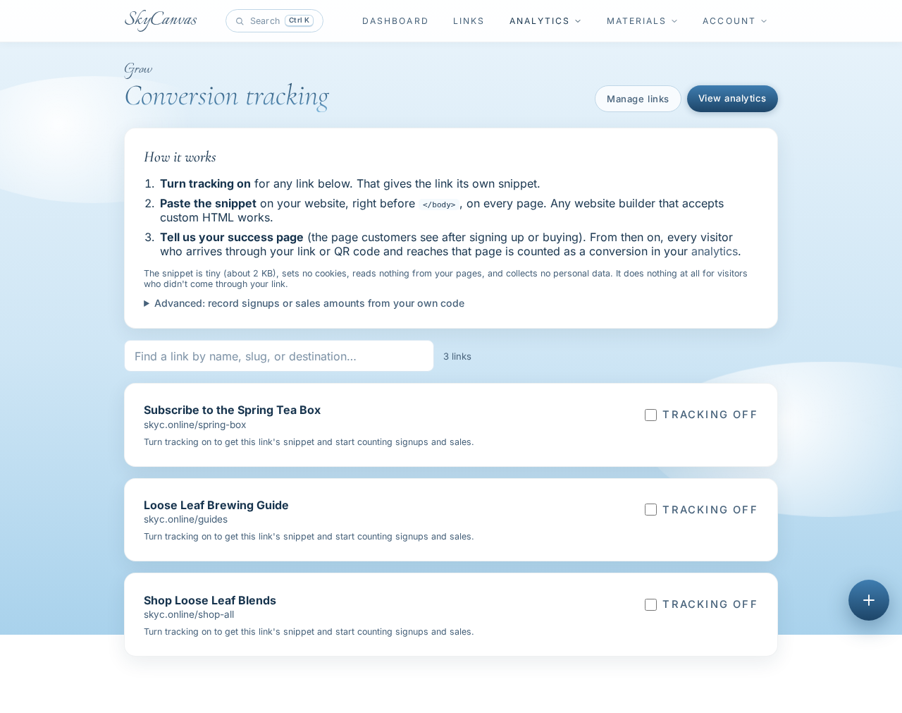The conversion tracking page: the one-line snippet you paste on your site so SkyCanvas can attribute signups and sales to each link.