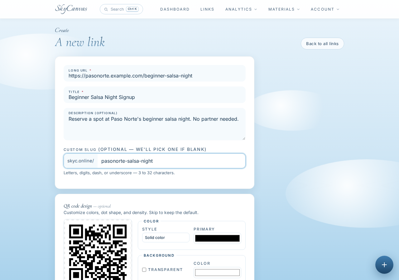 New short link form completed with the salsa night destination, title, description, custom slug, and live QR preview