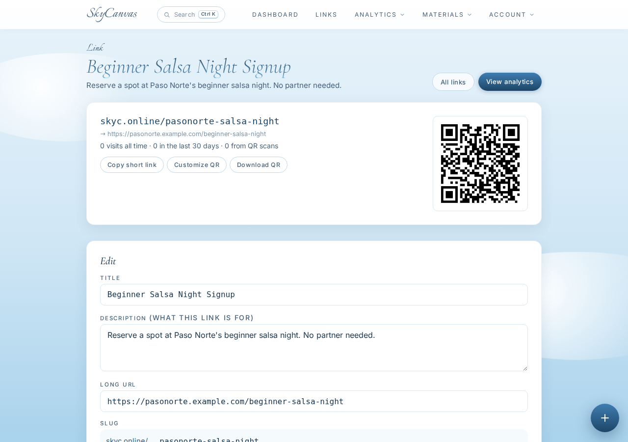 Link detail page showing the new SkyCanvas short URL, its destination, and the generated QR code ready to download