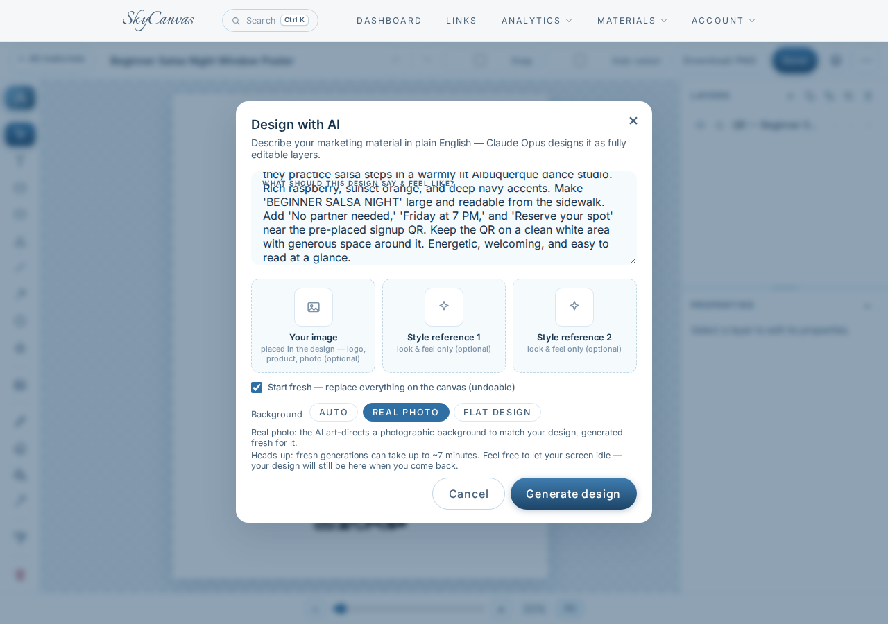 Design with AI modal containing the poster brief with Real photo background mode selected