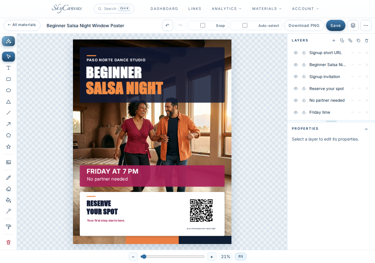 Finished AI-designed Beginner Salsa Night poster on the canvas with a photographic background, bold headline, event details, QR code, and editable layers