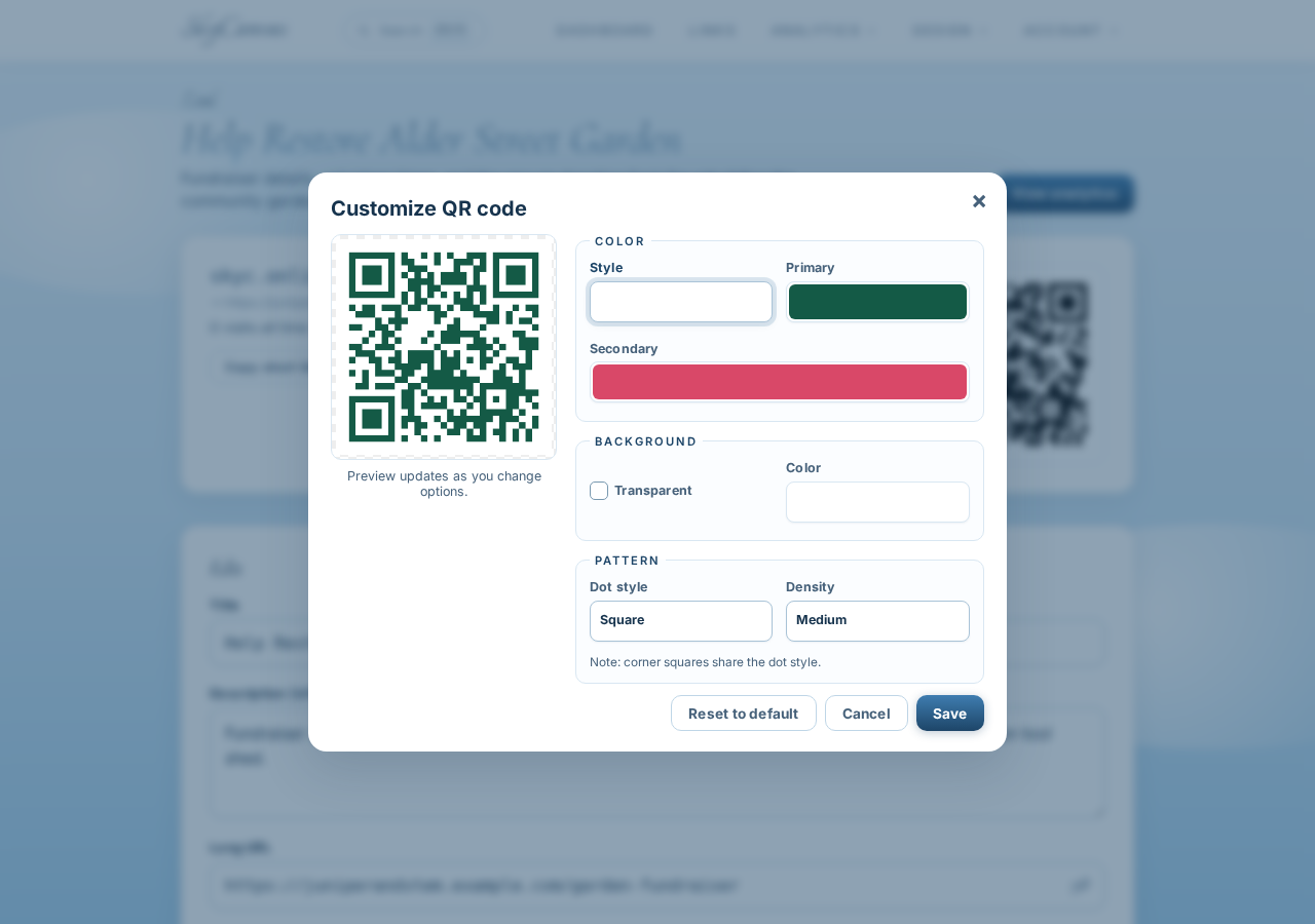 QR customization controls with deep green and coral brand colors applied in the live preview