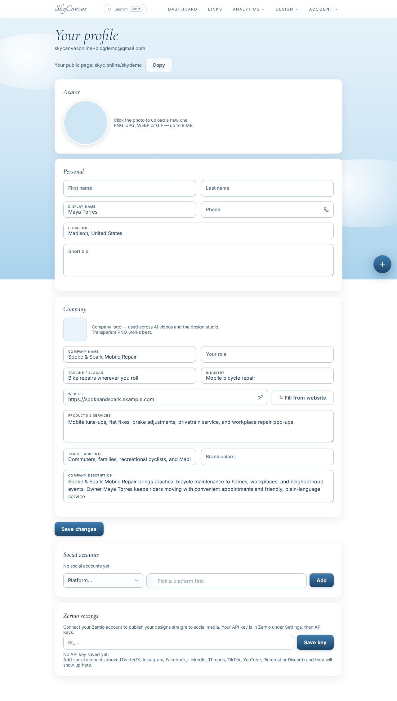 SkyCanvas profile filled with the name, tagline, industry, services, and audience for Spoke and Spark Mobile Repair