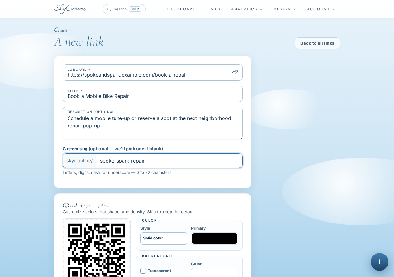 New SkyCanvas short link form filled with a booking destination, title, description, custom slug, and live QR preview