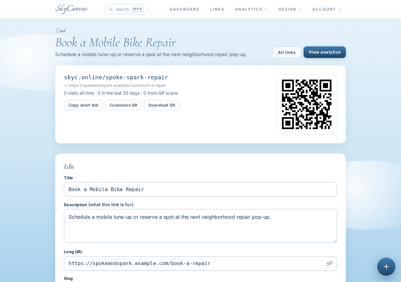 SkyCanvas link detail page showing the short URL, booking destination, and generated QR code