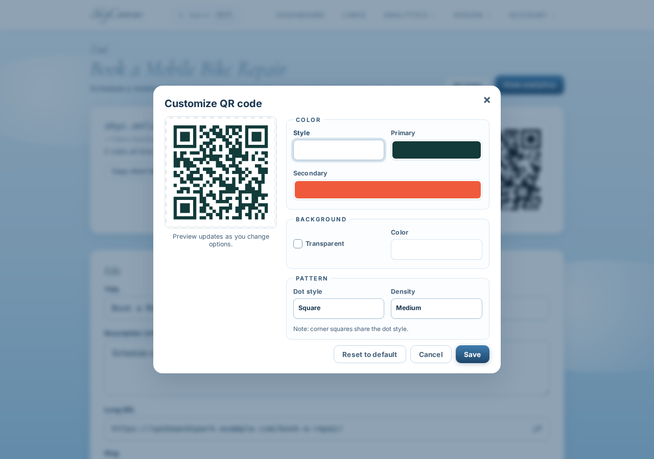 SkyCanvas QR customization controls with Spoke and Spark brand colors applied in the live preview
