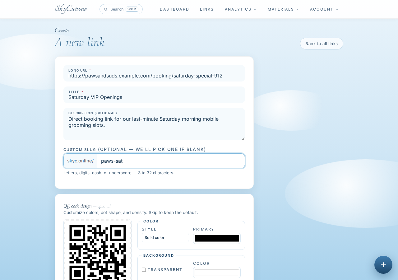 The "new short link" form filled in: destination URL, title, description and custom slug, with the live QR preview on the right.