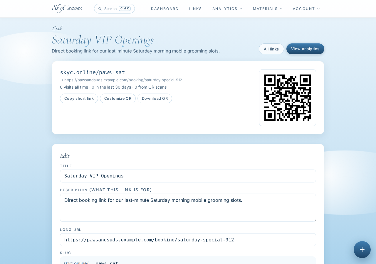The link detail page right after creating the short link: the sky.canvas short URL, the destination, and the generated QR code ready to download.