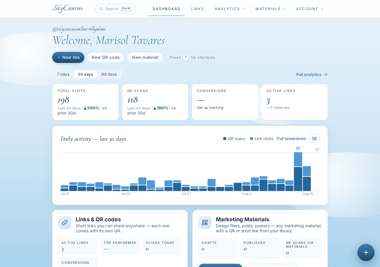 The SkyCanvas dashboard: KPI tiles for clicks, QR scans, conversions and links, plus the daily activity chart.