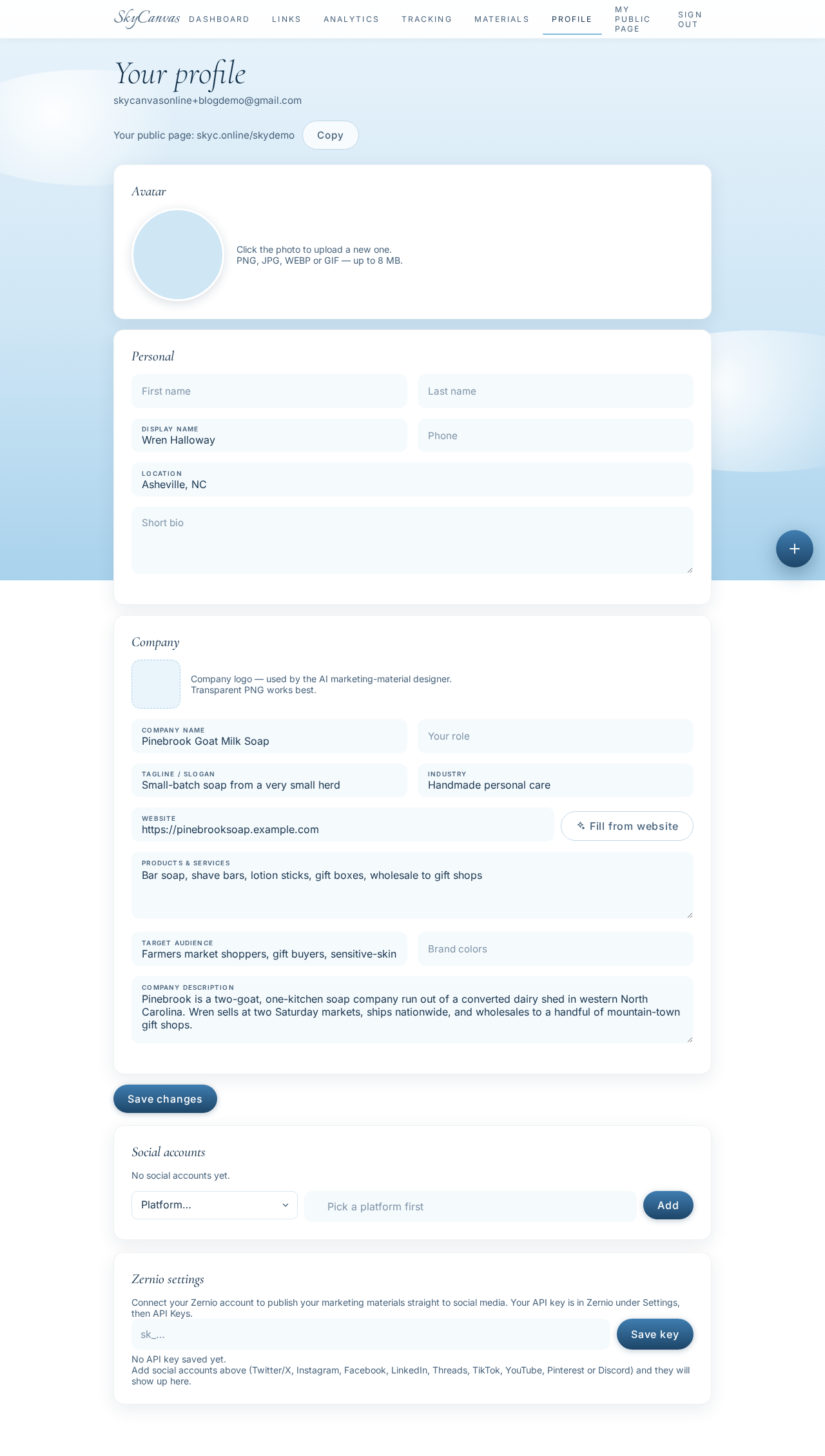 The Pinebrook Goat Milk Soap profile page filled out with business name, tagline, industry, services, and target audience