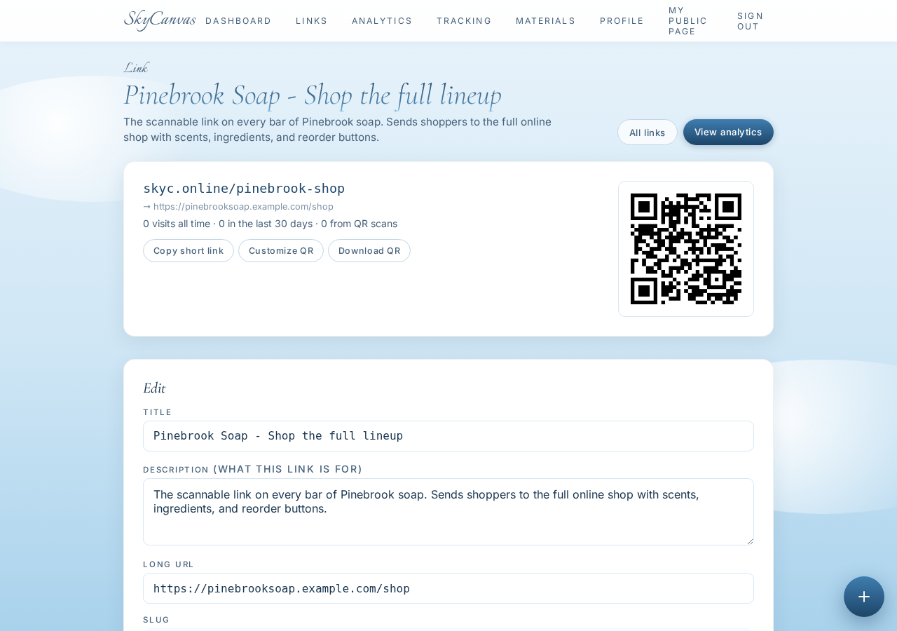 The link detail page showing the sky.canvas short URL, its destination, and the generated QR code ready to download