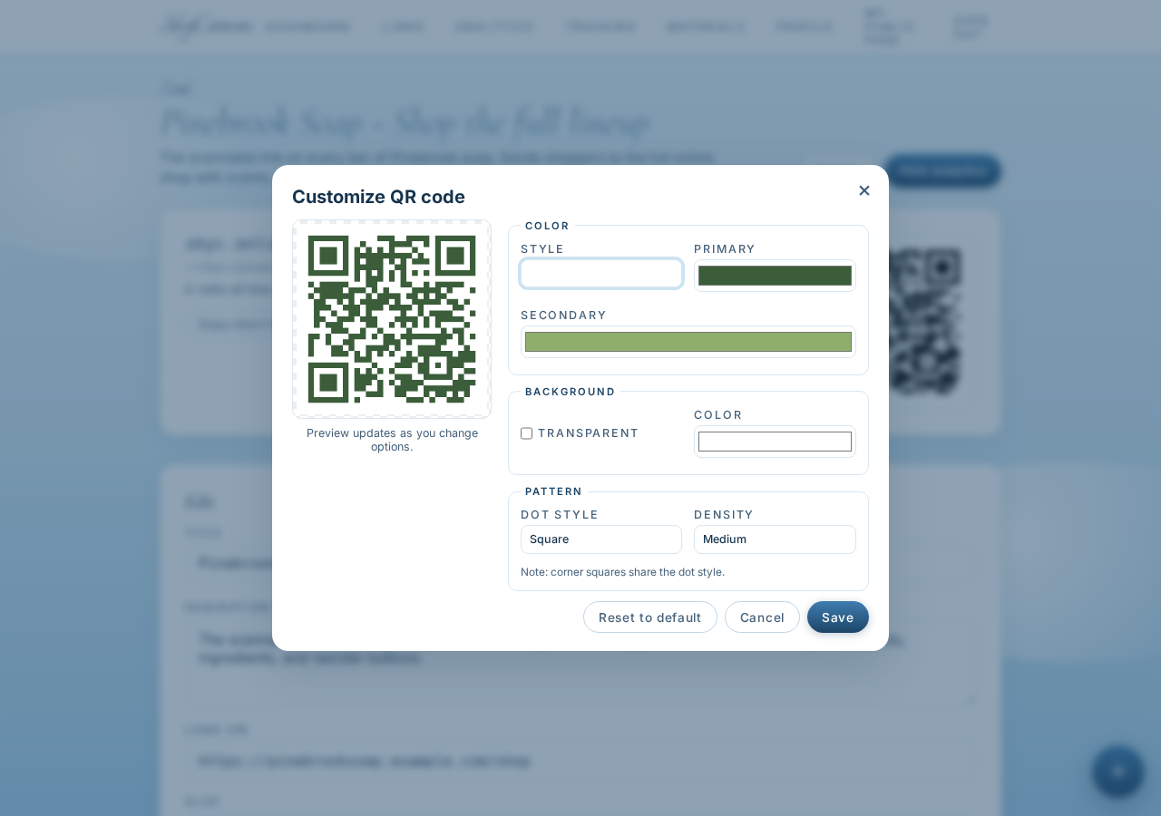 The QR code customization panel with Pinebrook green and sage brand colors applied to the modules and a live preview