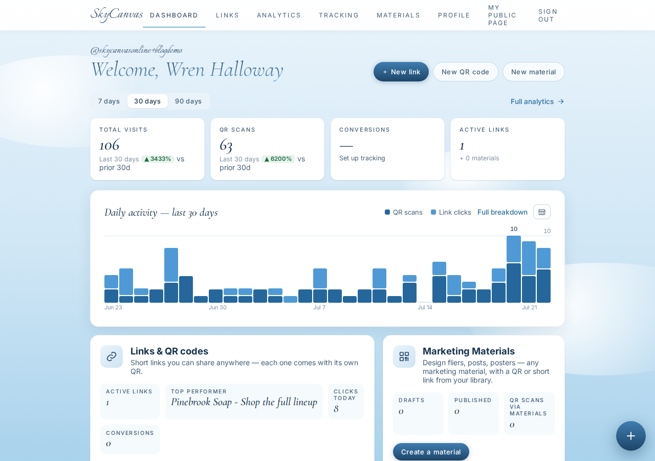 The SkyCanvas dashboard showing KPI tiles for clicks, QR scans, conversions and links, plus a daily activity chart