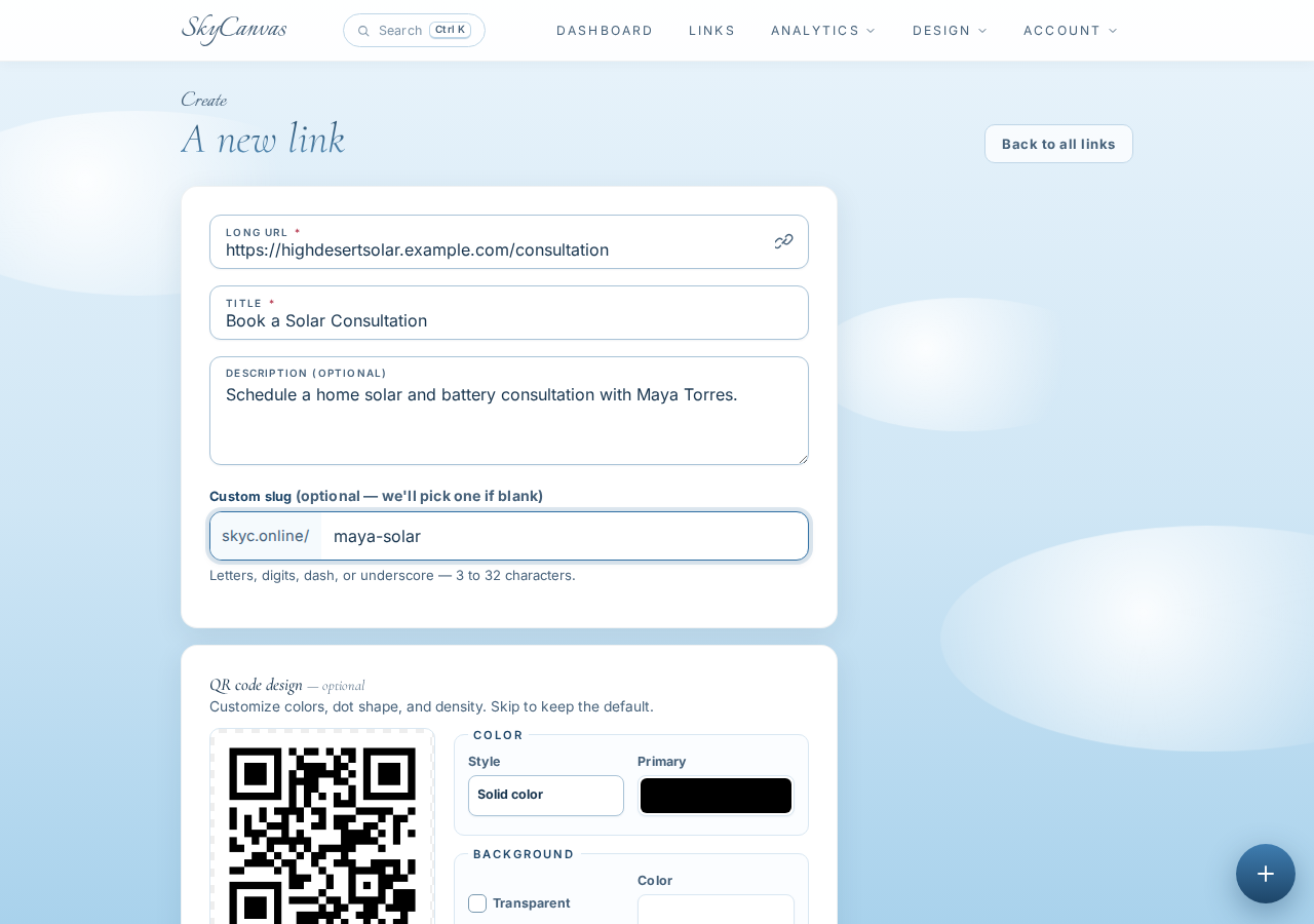 New short-link form completed for Maya’s consultation page with a live QR preview