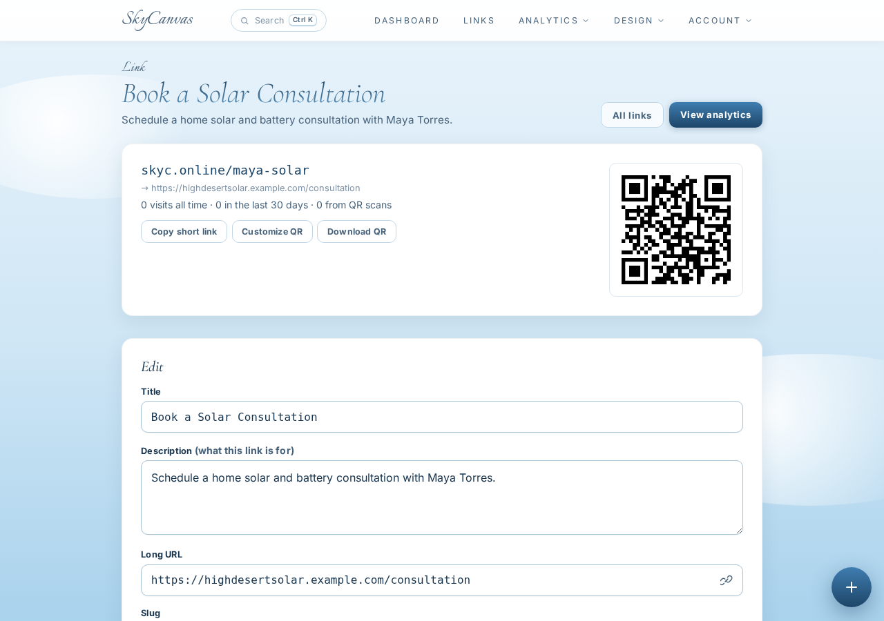 Created link detail page showing the short URL, consultation destination, and downloadable QR code
